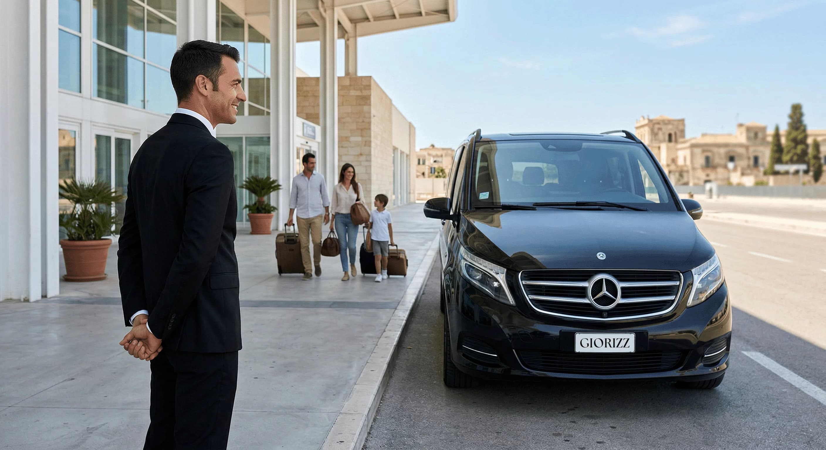 Family airport transfer with a private chauffeur in Sicily