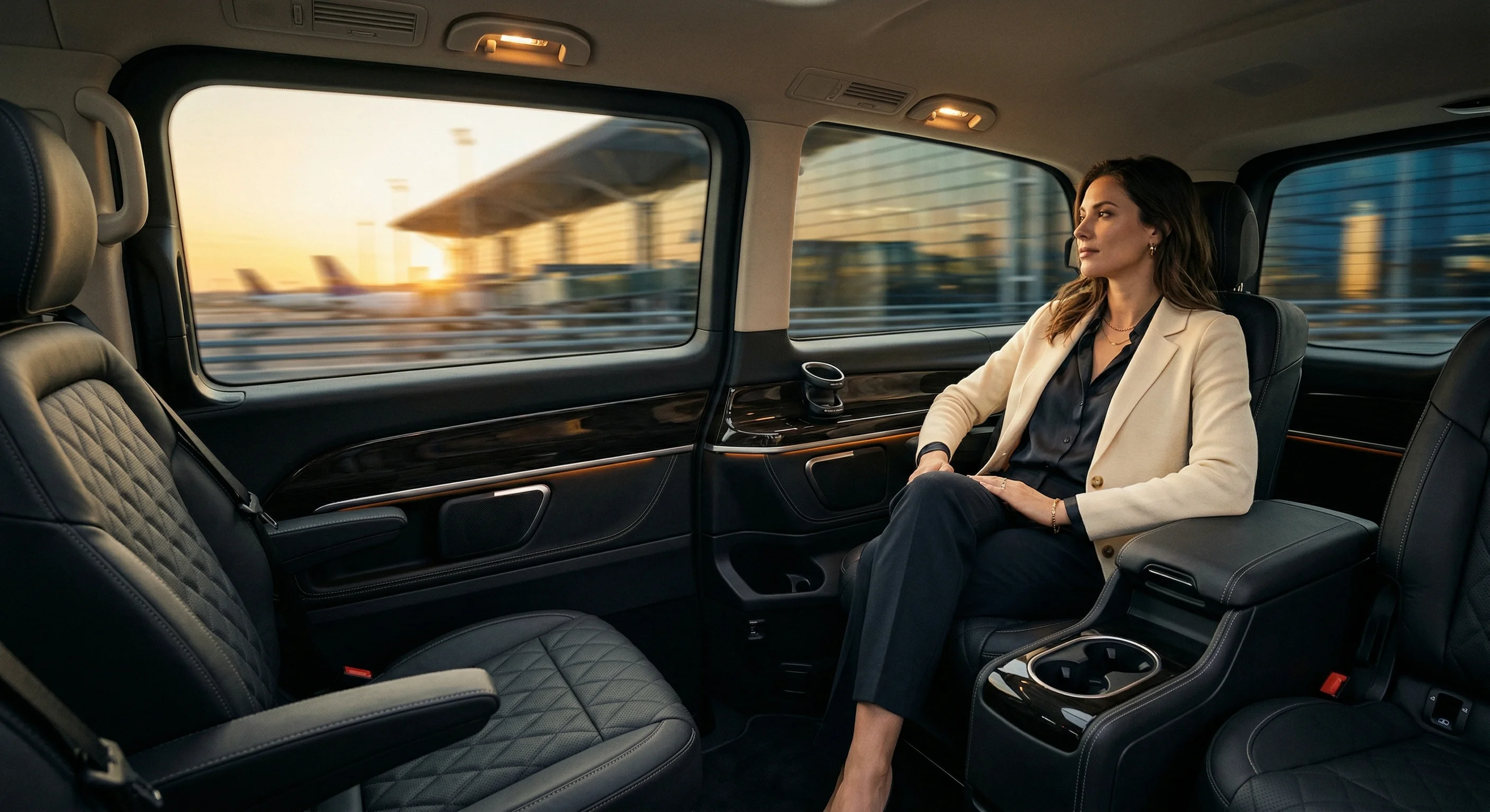 Luxury van at airport arrivals for premium chauffeur transfer