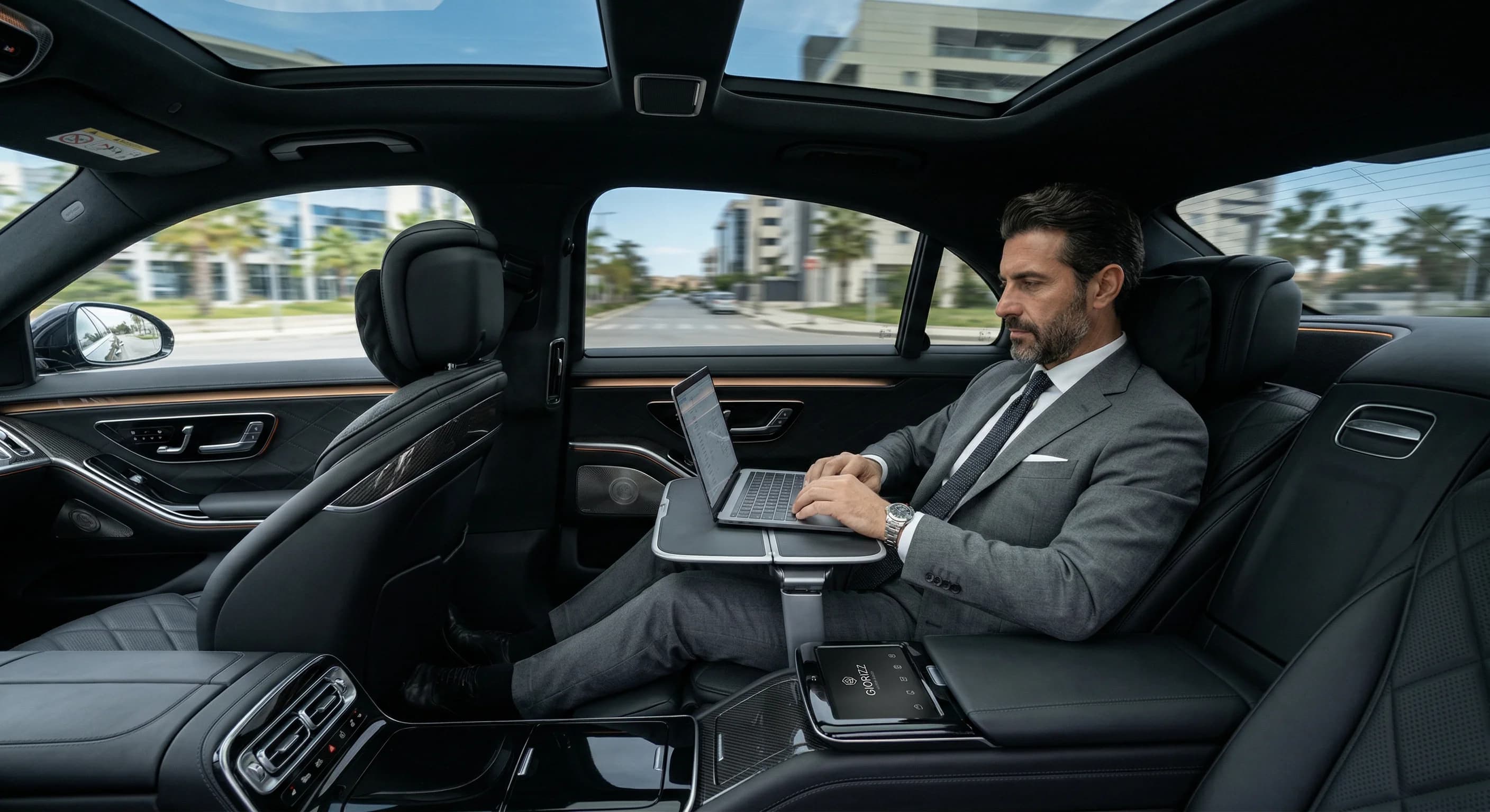 Executive working on laptop during chauffeur transfer — mobile office