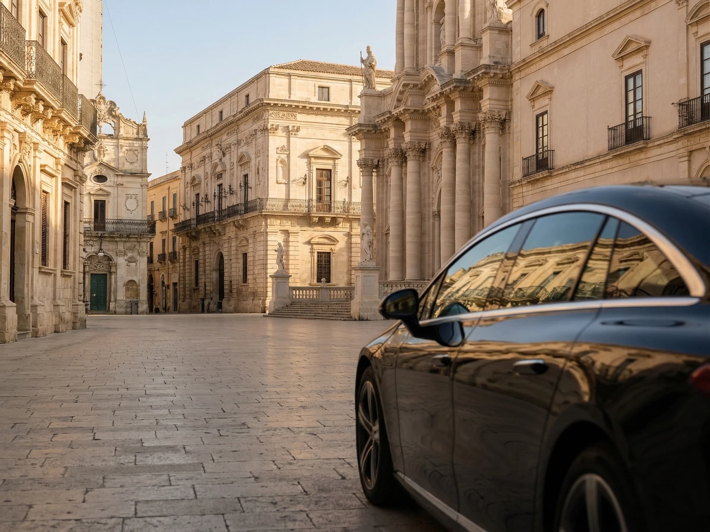 Electric chauffeur car at Ortigia Syracuse duomo — green mobility