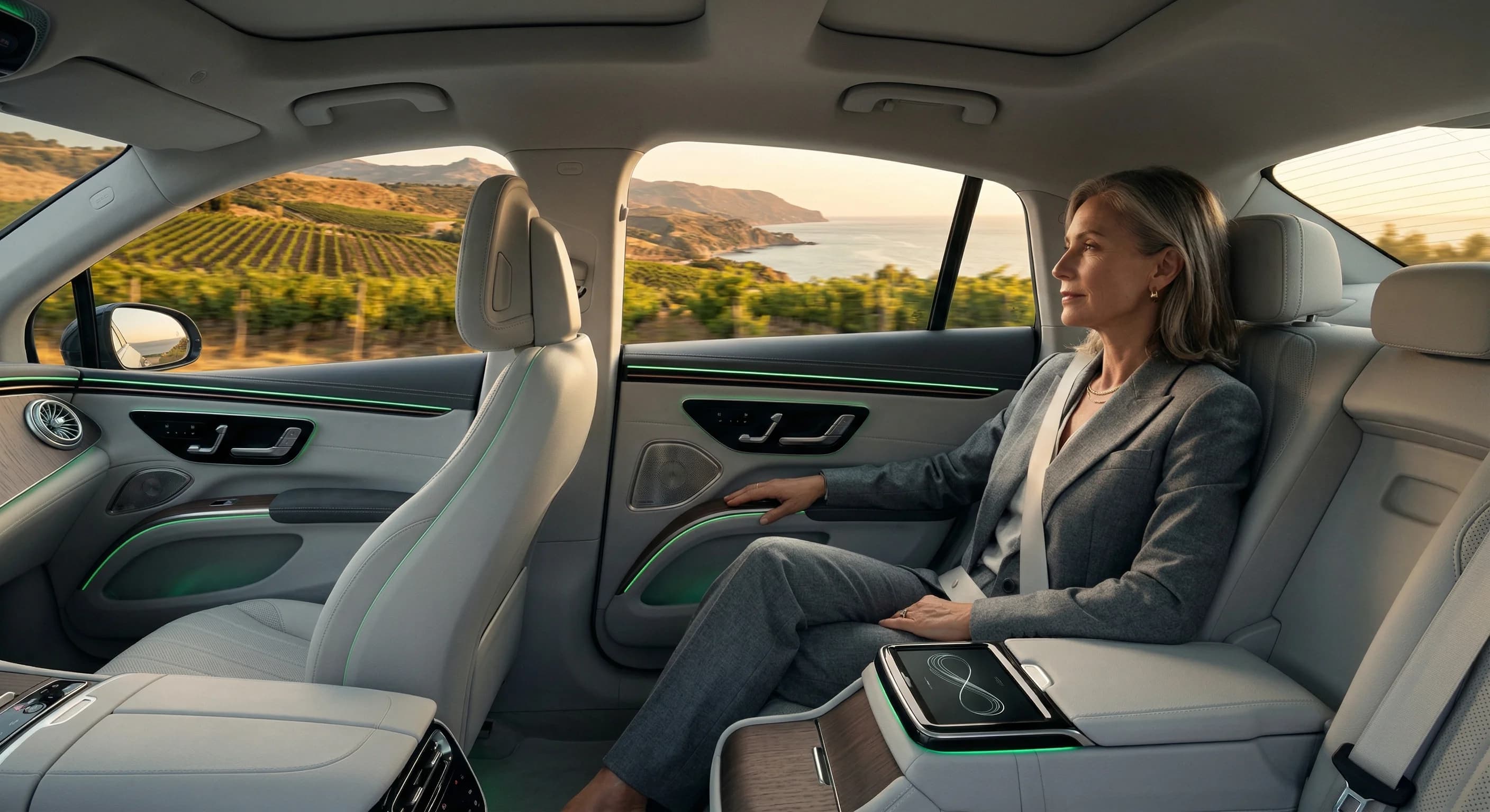 Passenger relaxed inside an electric chauffeur car — Green Class experience