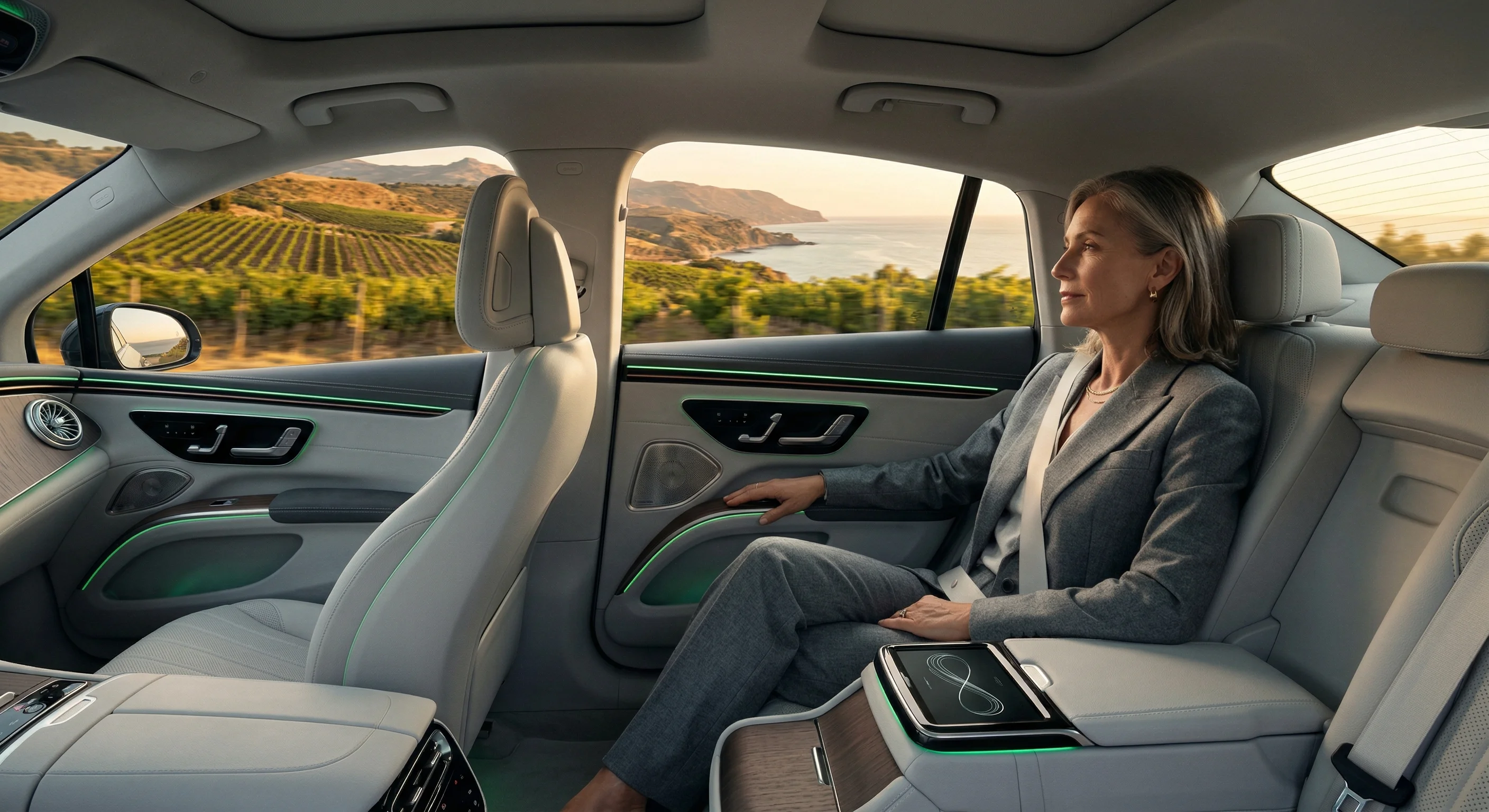 Passenger relaxed inside an electric chauffeur car — Green Class experience