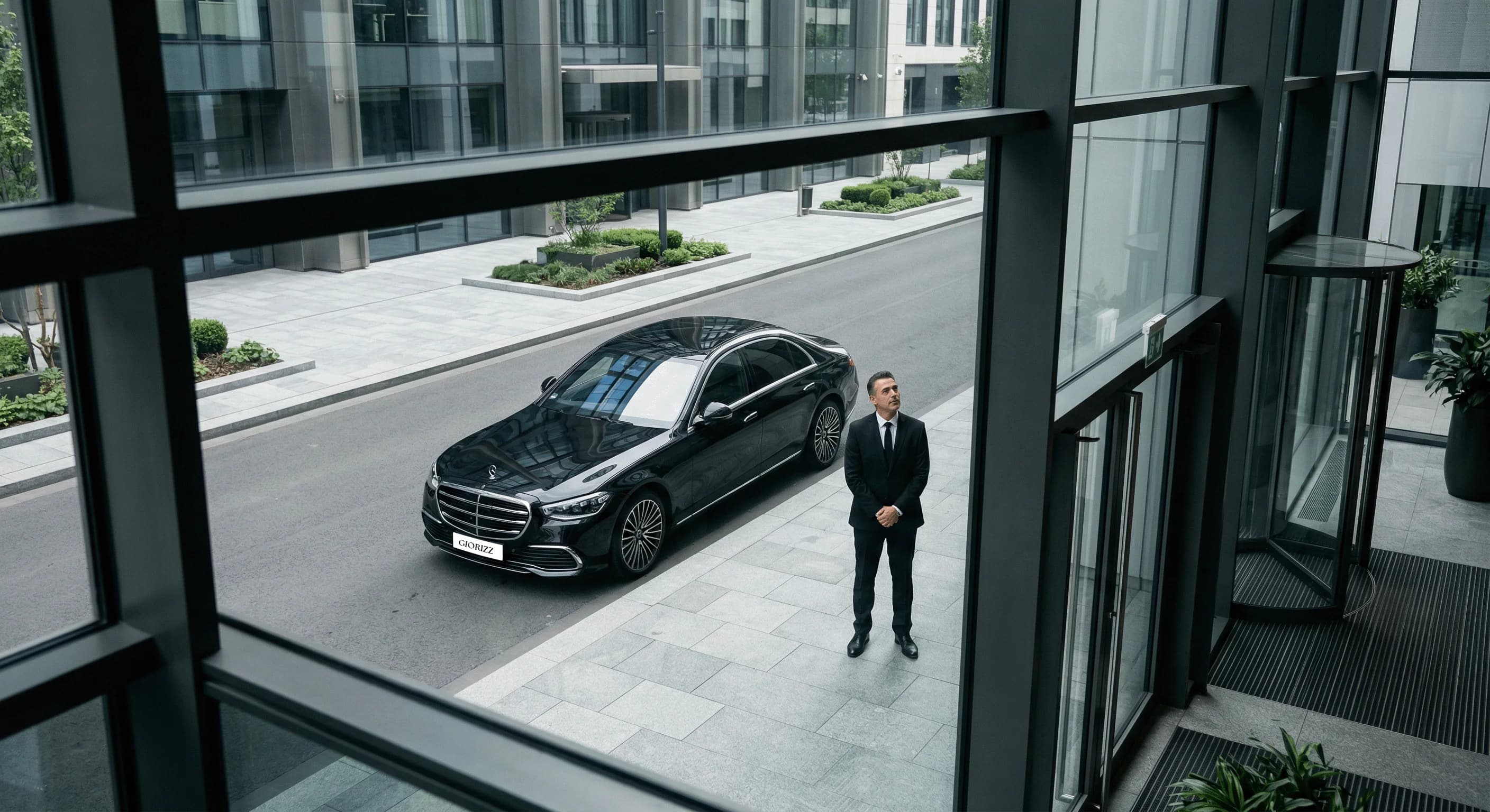 Hourly chauffeur waiting outside a business office, on standby