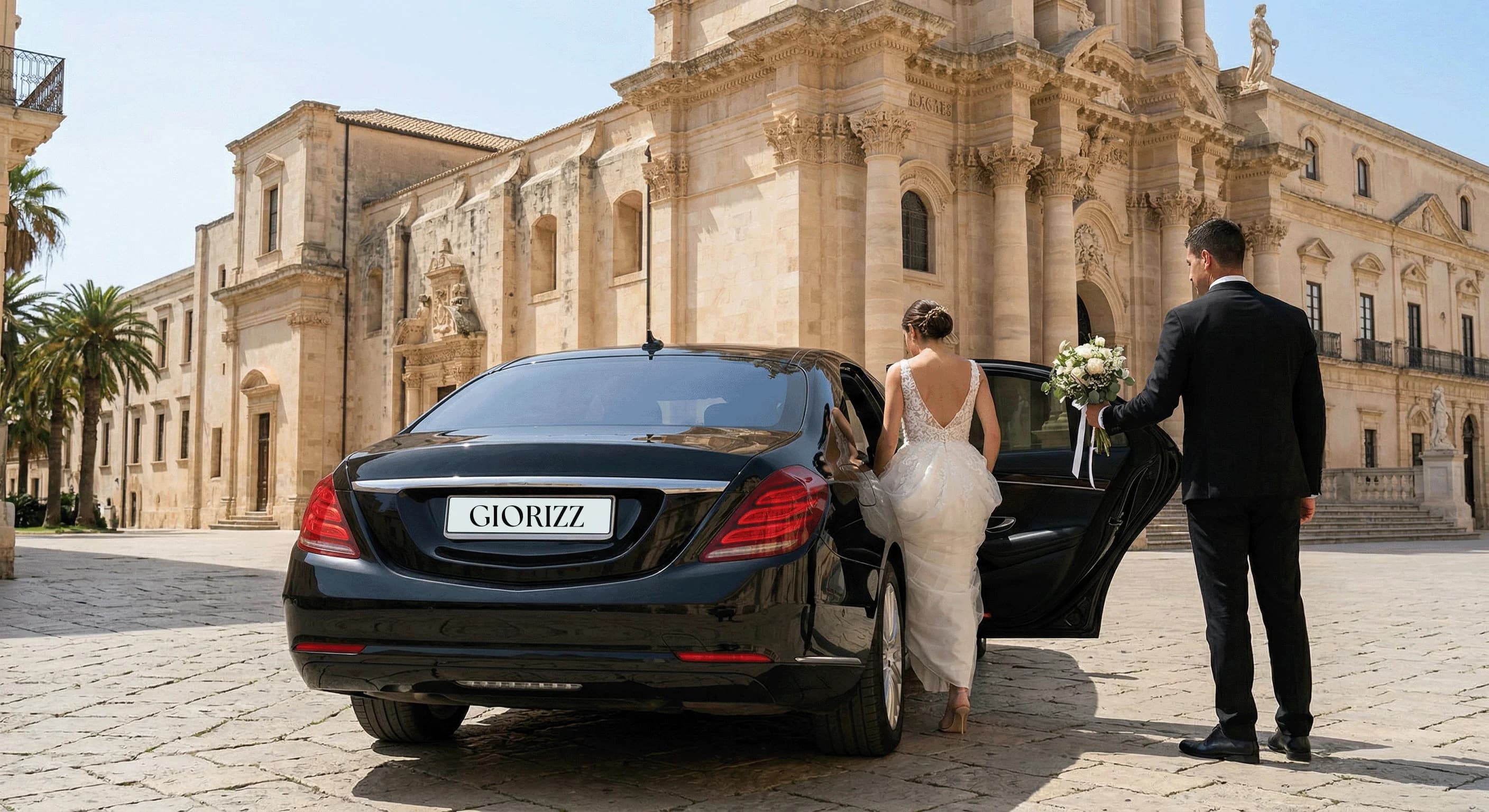 Bride entering the luxury wedding car as the chauffeur holds her bouquet in Sicily