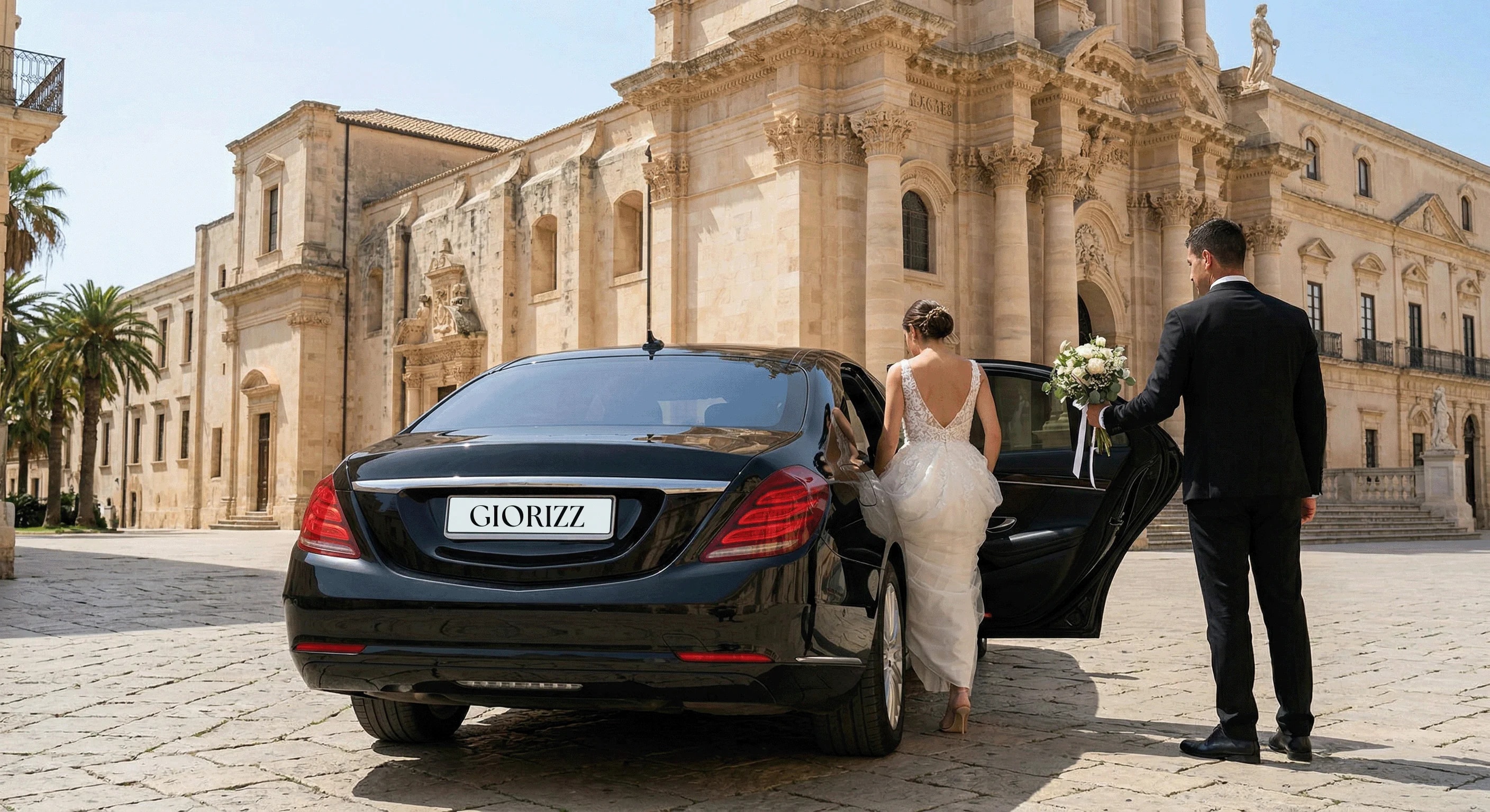 Bride entering the luxury wedding car as the chauffeur holds her bouquet in Sicily