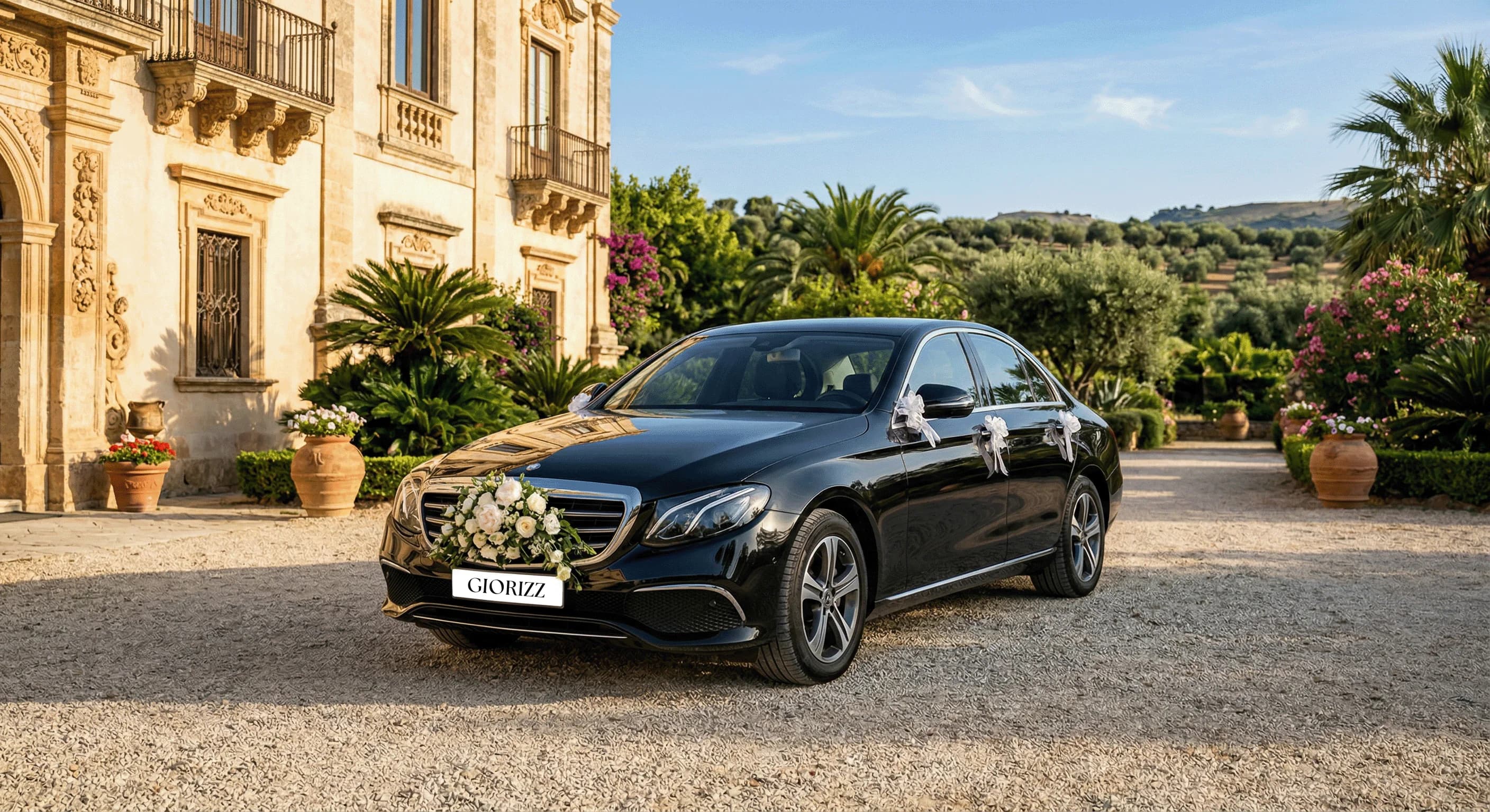 Wedding chauffeur car waiting at a Sicilian villa for the ceremony