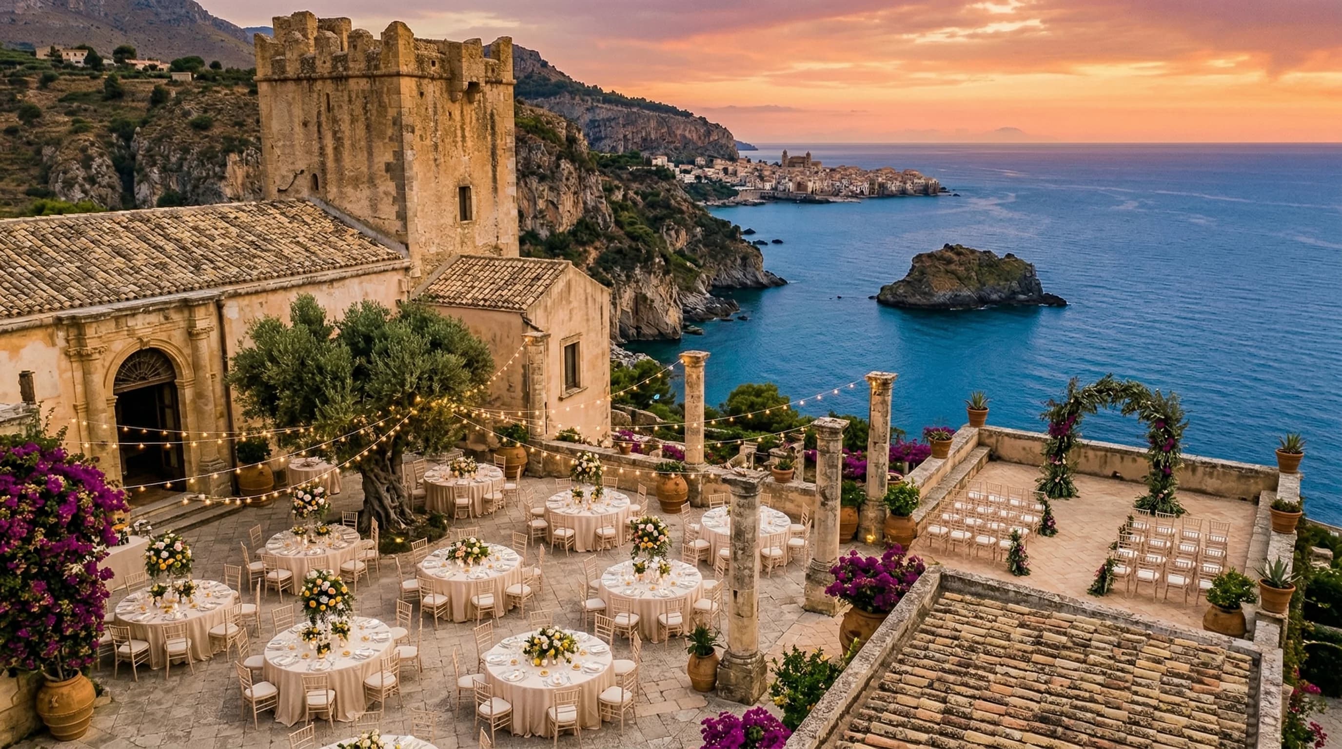 Seaside terrace with wedding dining setup