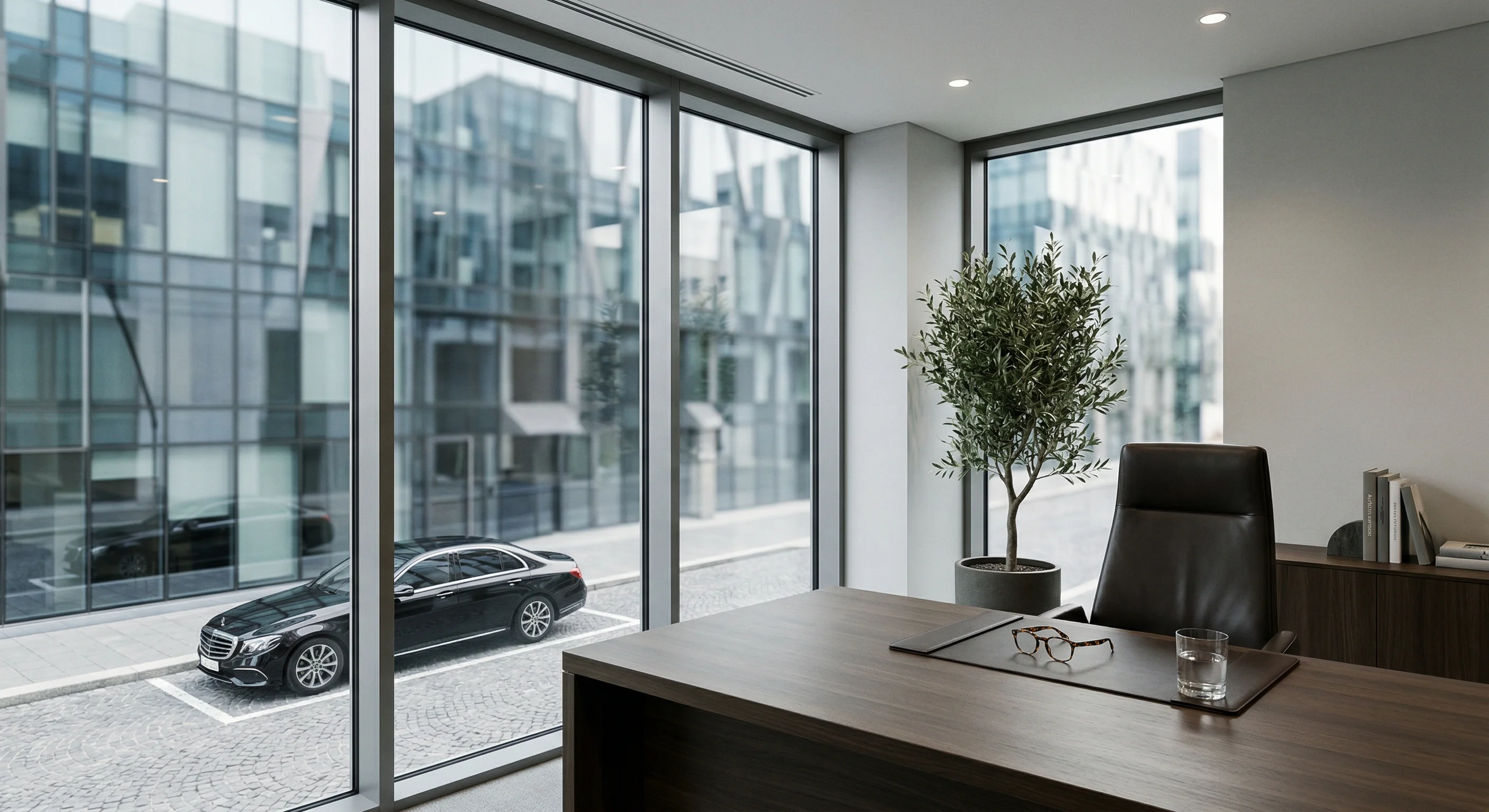 Corporate chauffeur service waiting outside executive office